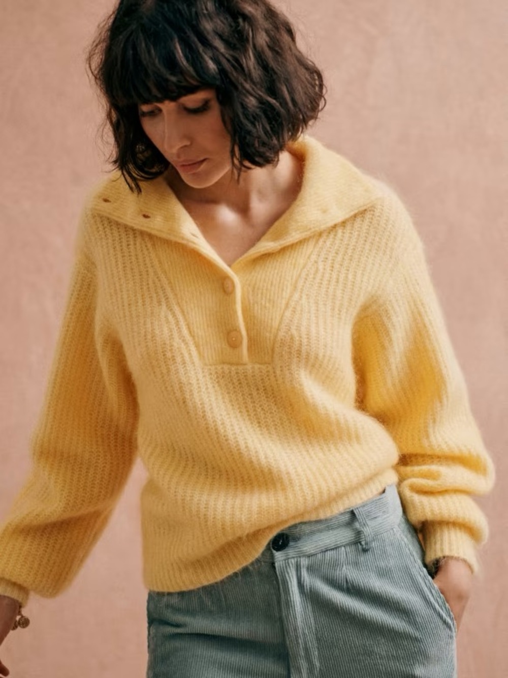 Sezane “Mickey” Canary Yellow Button Down Cowl Polo Sweater